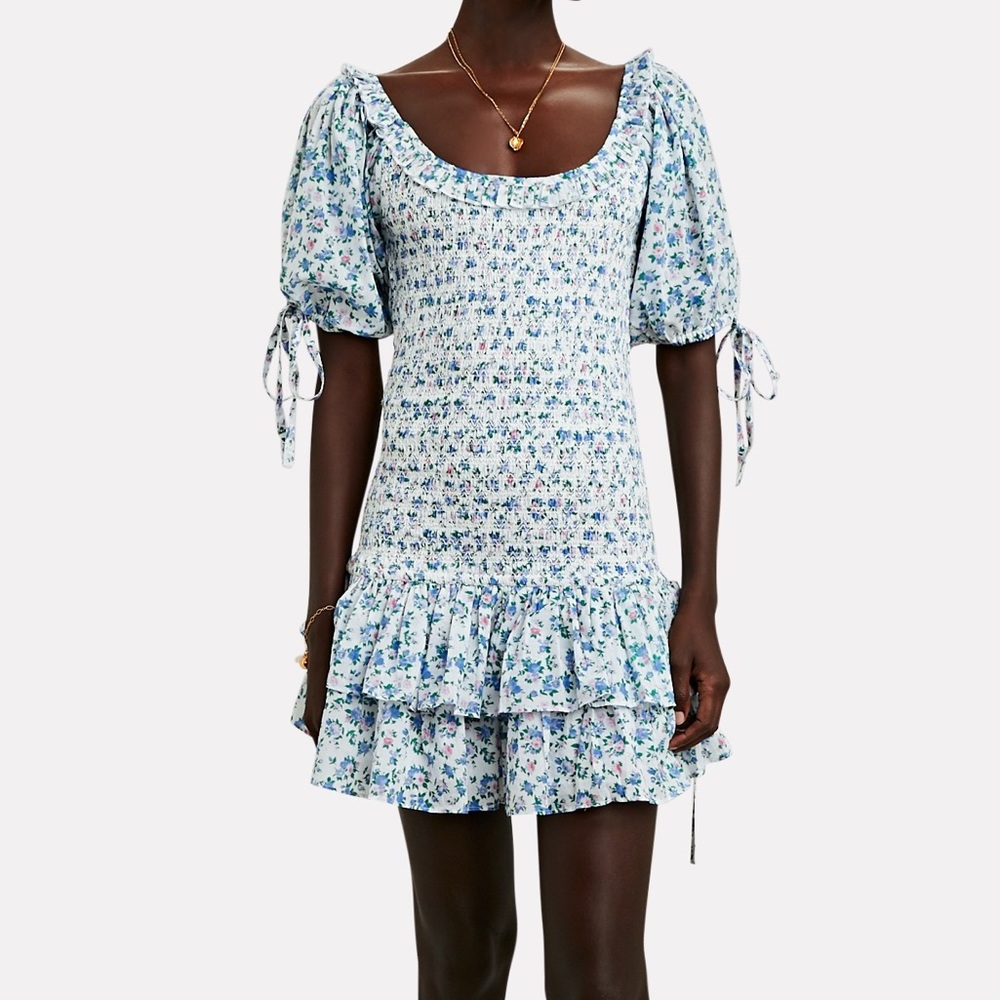 LOVESHACKFANCY Violet Smocked Floral Dress in Blue Jay. Large. - Picture 1 of 11